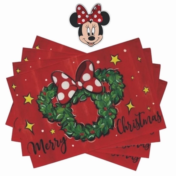 Christmas Placemats Disney Minnie Mouse Mouse Wreath Festive Holiday Red 4 Piece - Picture 1 of 16